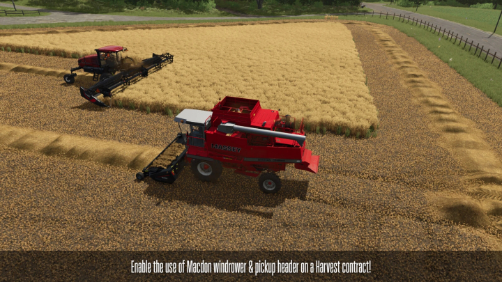 fs25-mods,  FS25 mods: Two harvesters with MacDon windrower in a wheat field, Contract Boost v1.1.0.0.