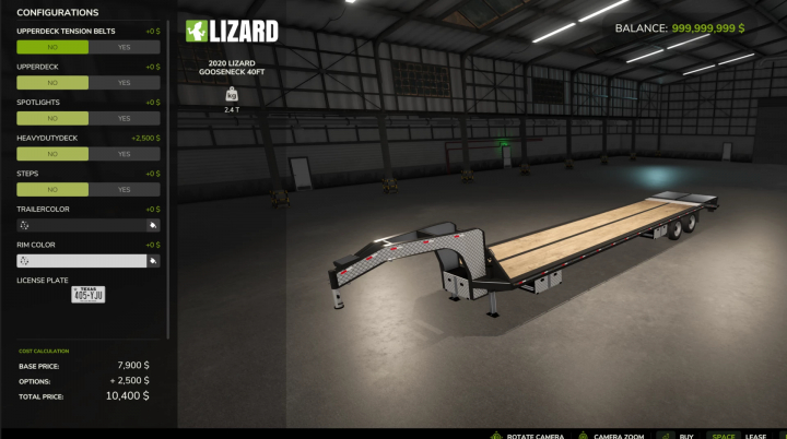 fs25-mods,  FS25 mod 2020 Lizard GooseNeck v1.0.0.0 trailer customization screen in Farming Simulator 25.