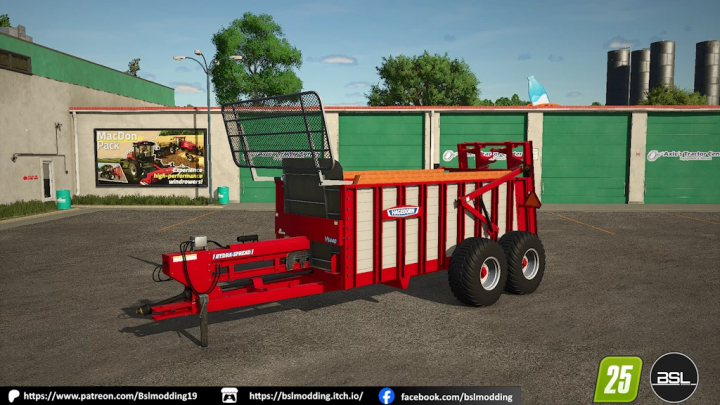 fs25-mods, FS25 Hagedorn 5440v mod for Farming Simulator 25 shows a red and white trailer with a mesh guard in a farm setting.