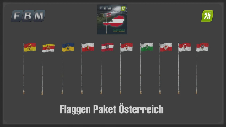 fs25-mods,  Flags Package AT mod v1.0.0.0 for FS25 displaying various Austrian flags.