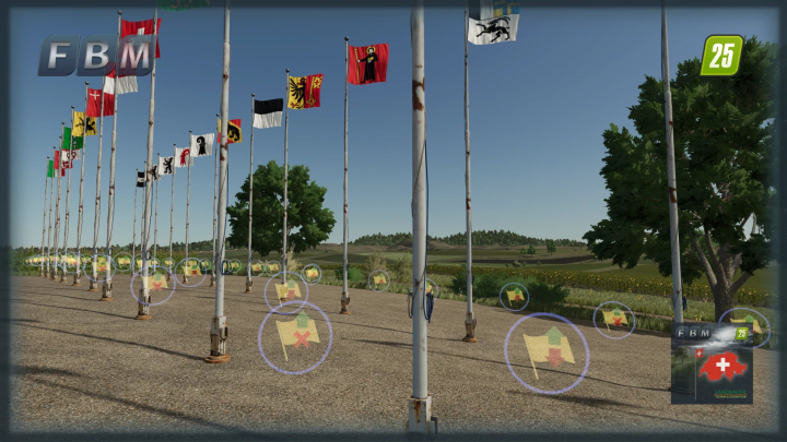 fs25-mods, FS25 Flags Package CH mod showing multiple Swiss flags on poles in a rural scene.