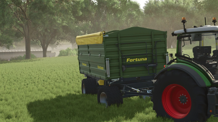 fs25-mods, FS25 mod Fortuna K180 trailer attached to a tractor in a lush green field.