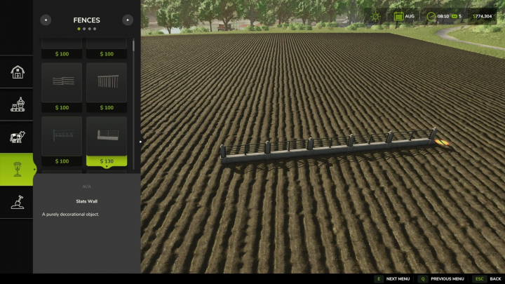 fs25-mods, View of the in-game menu for free gates and fences mod in FS25, showing fence options next to a plowed field.