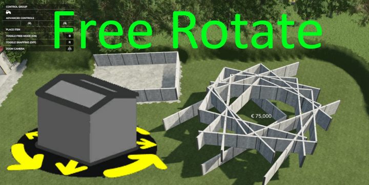 fs25-mods, FS25 mod Freely Rotate Placeables v1.0.0.0 image showing building structures with free rotation option in Farming Simulator 25.