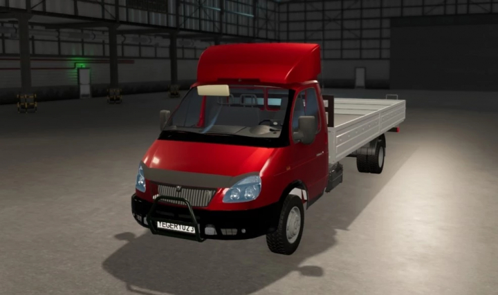 fs25-mods,  Red GAZelle 6m MG truck mod in Farming Simulator 25, featuring an open flatbed, parked in a warehouse. FS25 mods.