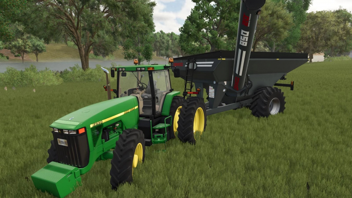 fs25-mods,  John Deere 8000 tractor mod in Farming Simulator 25 with attached trailer on grassy field.