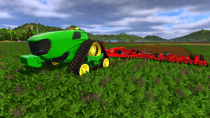 fs25-mods,  FS25 mod John Deere Electric Autonomous v1.0.0.0 in a field, showcasing green tractor with red farming equipment.