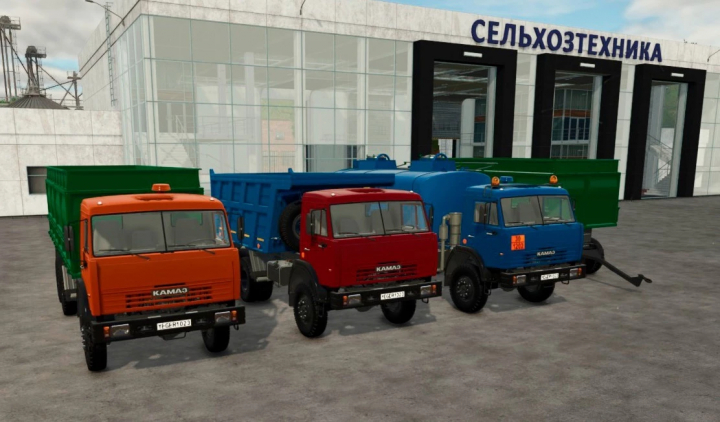 fs25-mods,  Three KamAZ trucks from FS25 mod KamAZ-65111N/53228 v1.0.0.0 parked in front of a building.