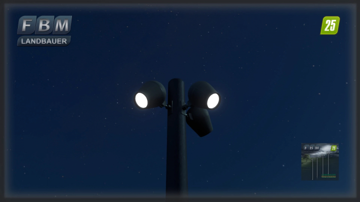 fs25-mods,  LED flood lights mod shining brightly in the night sky, Farming Simulator 25.