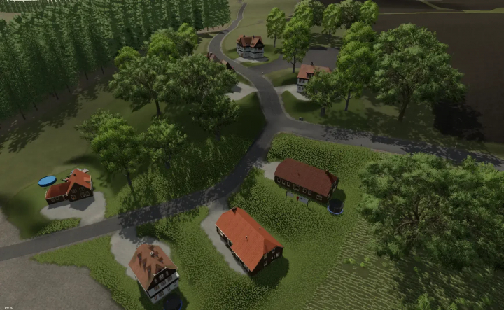 fs25-mods,  Aerial view of Lindlar 4x FS25 mod, showcasing rural houses and lush greenery in Farming Simulator 25.