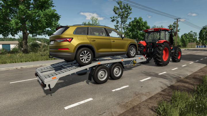 fs25-mods, FS25 mod with red tractor towing a gold car on Lizard Car Tow Trailer v1.0.0.0.