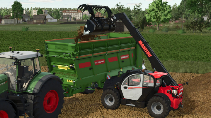 fs25-mods, Manitou CBG 2450 MS loader unloading materials into a Bergmann trailer in Farming Simulator 25 mod.