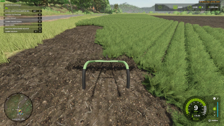 fs25-mods,  Manual cultivator mod in action in Farming Simulator 25, cultivating a field next to growing crops. FS25 mods enhance gameplay realism.