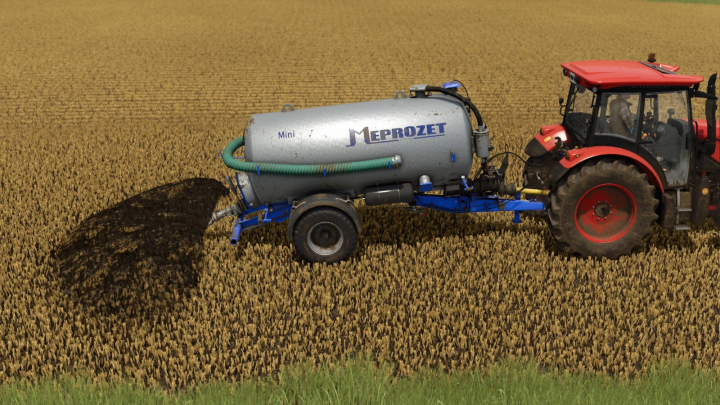 fs25-mods,  FS25 mod Meprozet PN-50 in action, spreading fertilizer on a wheat field with a red tractor.