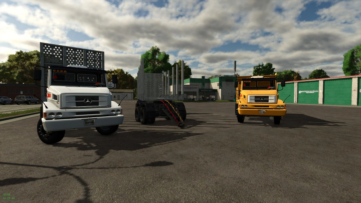 fs25-mods,  FS25 mod Mercedes 2638 v1.0.0.0 showcasing two trucks in a parking lot with clear skies.