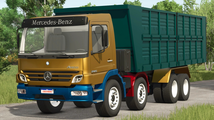 fs25-mods, FS25 mod Mercedes Benz Atego 2425 truck in gold and blue with green trailer.