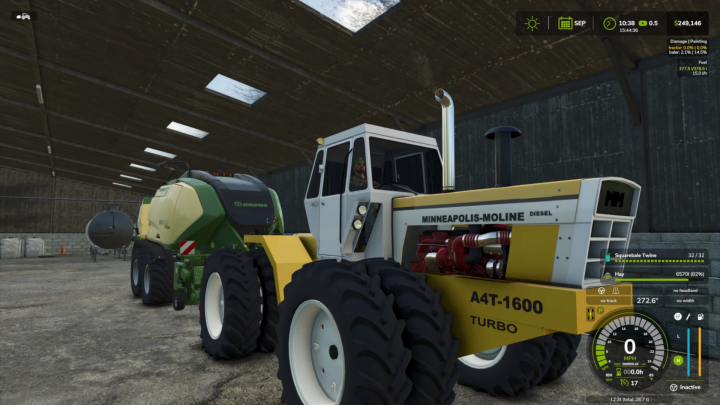 fs25-mods, Minneapolis Moline A4t mod in FS25 with Krone baler in a barn.