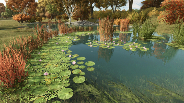 fs25-mods,  Natural waterplants mod in FS25, featuring lily pads and reeds in a serene pond setting.