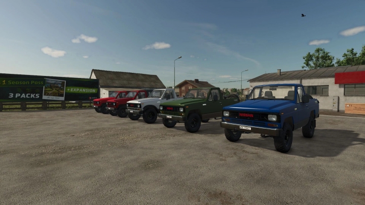 fs25-mods,  Lineup of Nissan Safari 1985 vehicles in FS25 mod, featuring various colors in Farming Simulator 25.