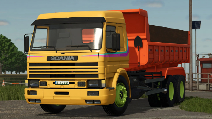 fs25-mods,  Scania P93 mod for FS25, Farming Simulator 25, featuring yellow cab and orange trailer.