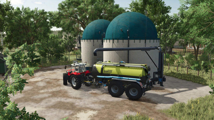 fs25-mods,  FS25 mods Small Biogas Plants v1.0.0.0 showing a tractor with a tank near biogas domes.