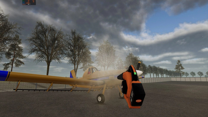 fs25-mods, FS25 mod: Stihl blower in front of a small yellow airplane on tarmac, with trees and cloudy sky in background.