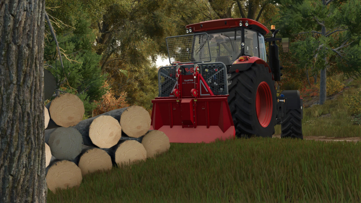 fs25-mods,  FS25 mod image showing a tractor with Tajfun DVG 2x55 AHK near stacked logs in a forest setting.