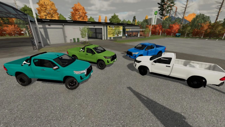 fs22-mods,  FS22 mods featuring Toyota Hilux 2022 v4.0.1.0 in various colors on a lot, enhancing Farming Simulator 22 gameplay.