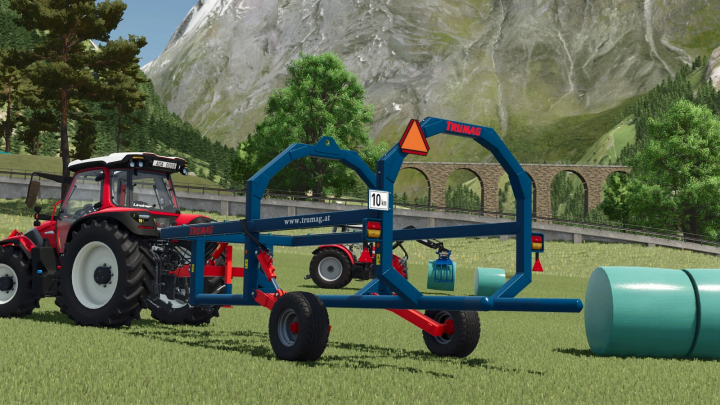 fs25-mods, Trumag RBTW mod in Farming Simulator 25, showcasing a bale transporter attached to a red tractor in a scenic mountain setting.