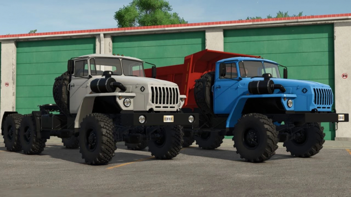 fs25-mods, FS25 mods: URAL 44202/5557 trucks shown in grey and blue, parked in front of a garage.