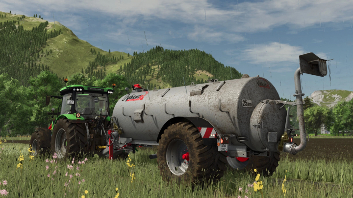 fs25-mods, FS25 mod Vakutec VA 8600 v1.0.0.0 with tractor in field, showcasing farming equipment against a mountain backdrop.