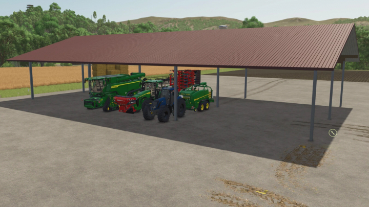 fs25-mods, Warehouse Shelter mod v1.0.0.0 in FS25 showing agricultural vehicles under a large roof structure.