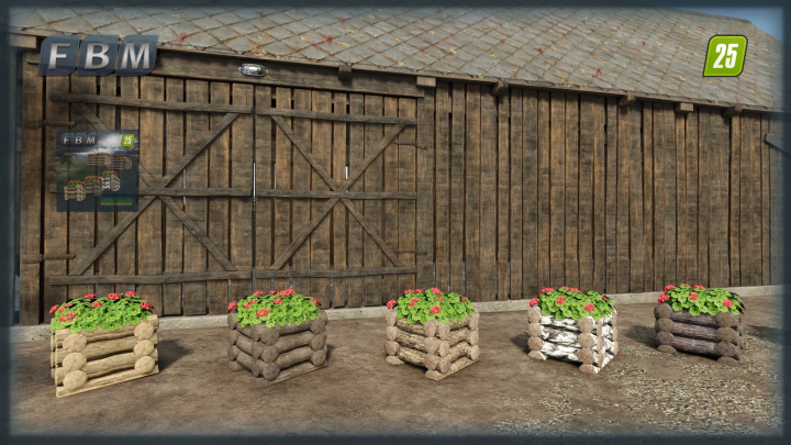 fs25-mods, FS25 mod Wooden Geranium Planter v1.0.0.0 displayed in front of a wooden barn.