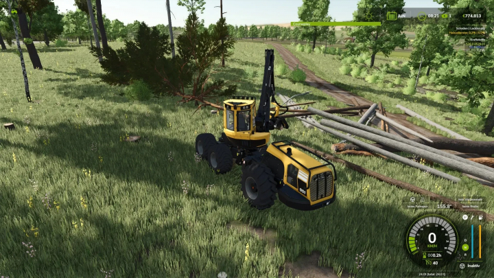 fs25-mods, Wood harvester Komatsu 951 mod in Farming Simulator 25 cutting logs in a forest.