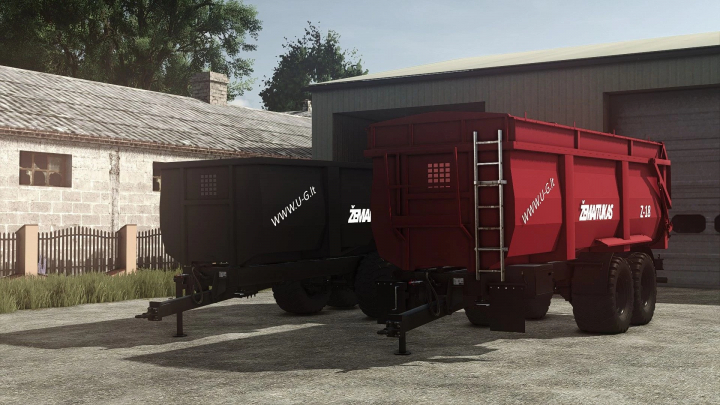 fs25-mods, Žemaitukas Z18 trailer mod in FS25, Farming Simulator 25 mods showcasing red and black trailers in a farm setting.