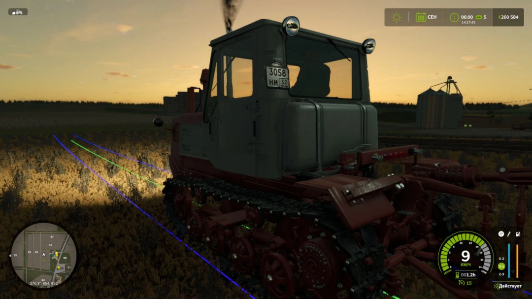 Tracked vehicle in FS25 mod ?-150 05-09 v1.0.0.1 during sunset in a field.