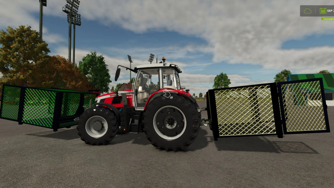 FS25 mod Animal Transport Box v1.2.1.0 showing a red tractor with an attached mesh box for transporting animals.