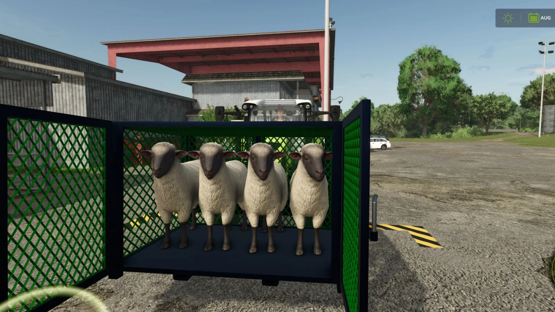 FS25 mod Animal Transport Box v1.2.1.0, four sheep inside a green transport cage on a farm.