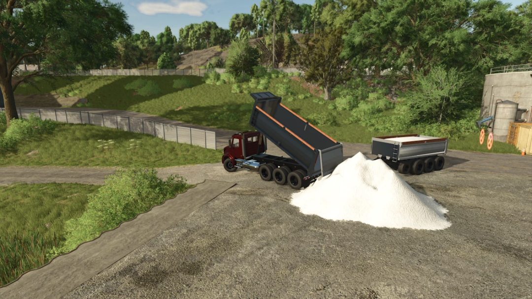 FS25 mod: BM Volvo Truck and Pup Dump Trailer unloading white material on a farm.