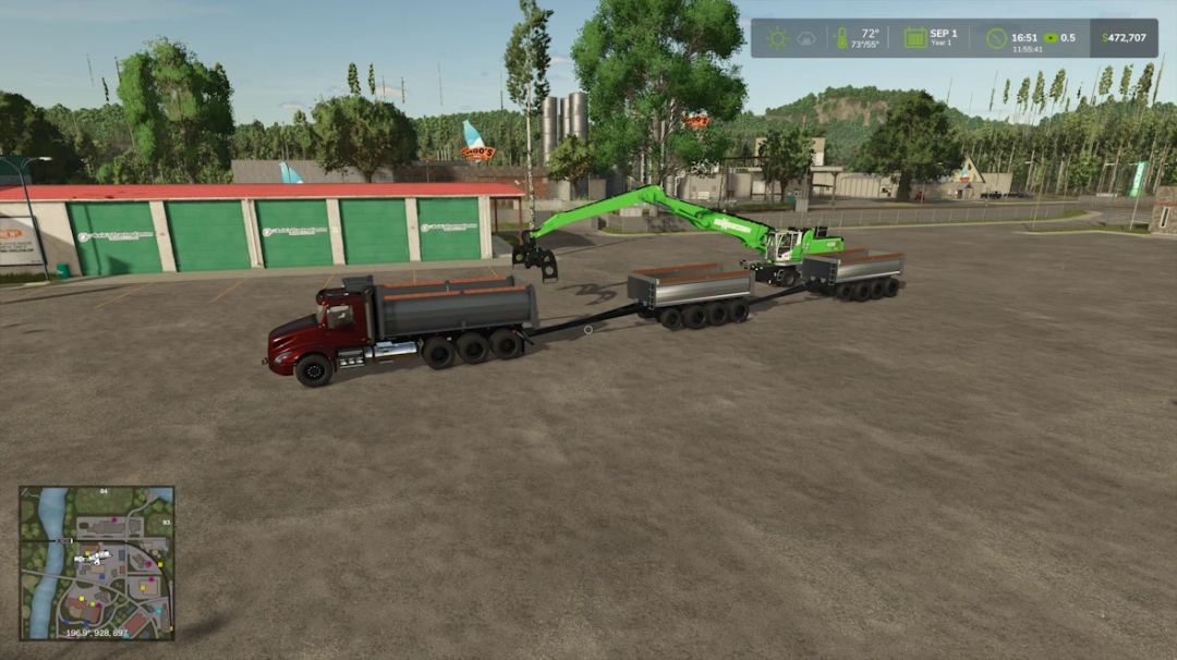 FS25 mod image showing BM Volvo Truck and Pup Dump Trailer v2.0.0.0 next to a heavy loader at a warehouse.