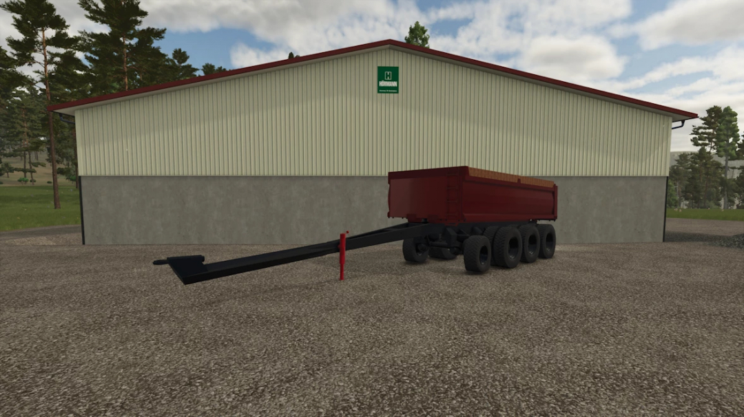 FS25 mod BM Volvo Truck and Pup Dump Trailer v2.0.0.0 features a red trailer parked by a warehouse.