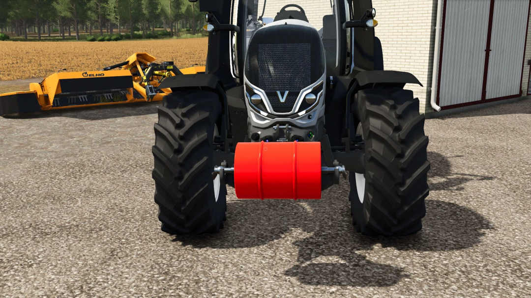 FS25 mod Barrelweight Pack v1.0.0.0 showing a red barrel weight attached to a tractor in Farming Simulator 25.