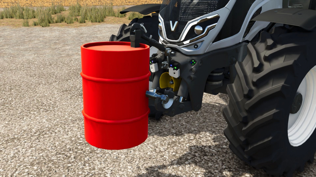 FS25 mod Barrelweight Pack v1.0.0.0 showing a red barrel weight attached to a tractor.