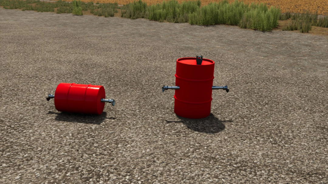 FS25 Barrelweight Pack v1.0.0.0 mod featuring two red barrel weights on gravel.