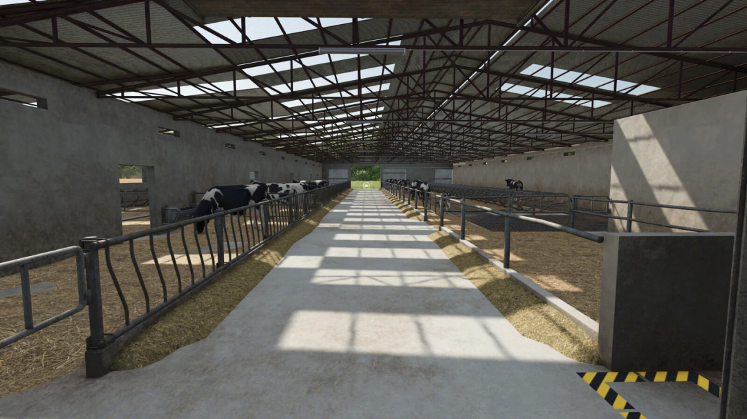 Interior of the Big Renovated Cow Barn in FS25 mods, featuring spacious stalls for cows.