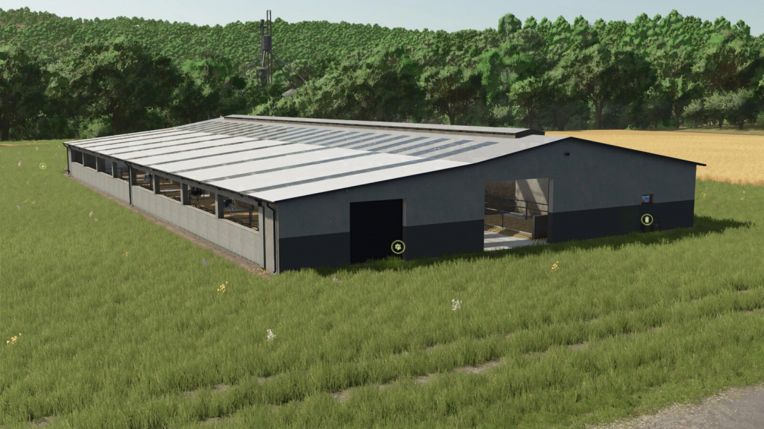 Big Renovated Cow Barn mod for FS25, featuring a large modern barn in a grassy field, ideal for enhancing Farming Simulator 25 gameplay.