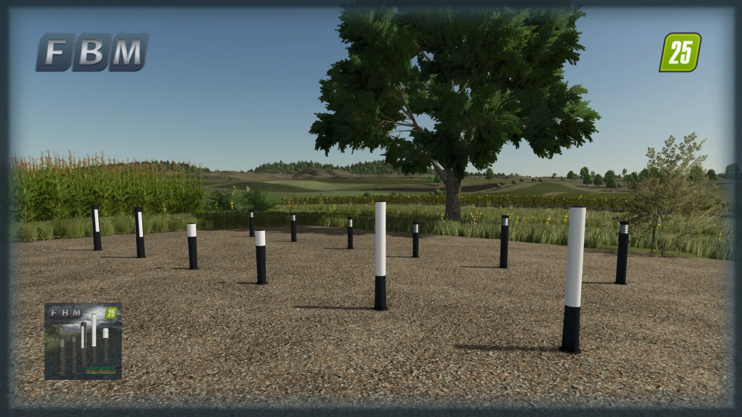 Bollard Lights mod in FS25 features various bollard lights on a gravel surface, enhancing your Farming Simulator 25 landscapes.