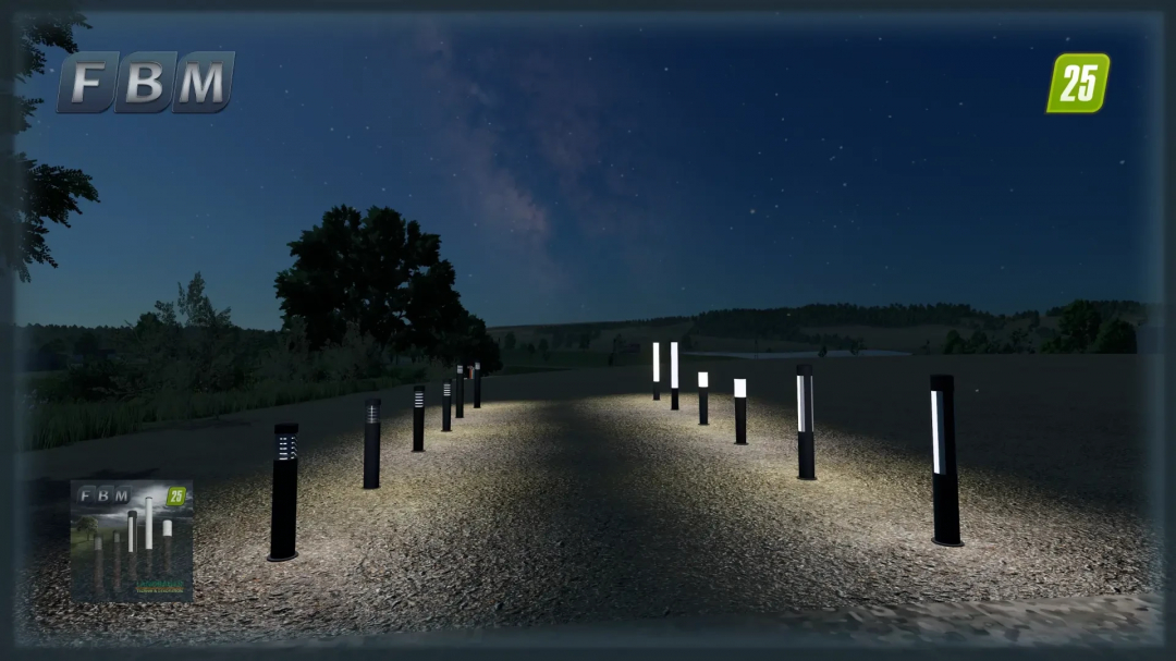 Bollard Lights mod for FS25, showing lit pathway at night in Farming Simulator 25.