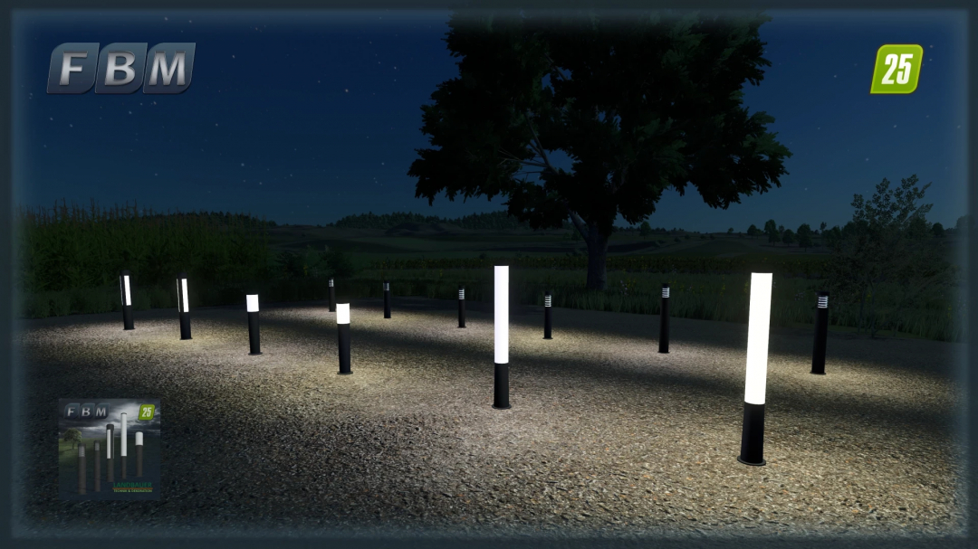 Bollard lights mod in FS25, illuminating a pathway at night in Farming Simulator 25.