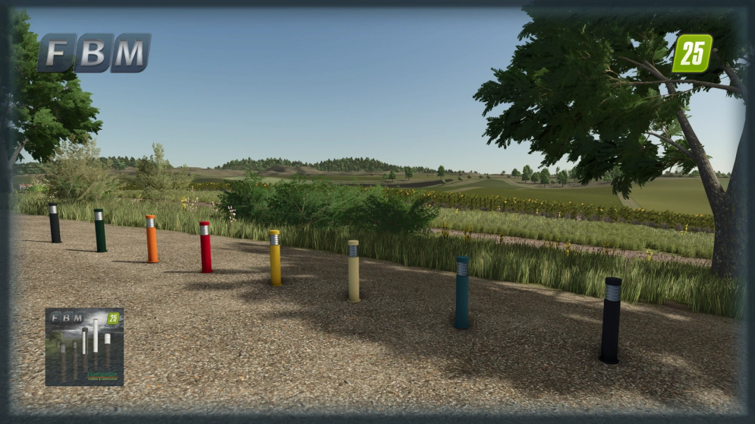 Colorful bollard lights along a path in FS25 Bollard Lights mod.